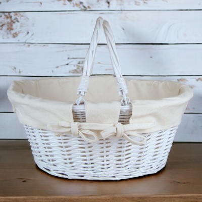 White Wicker Shopping Basket with Folding Handles and Cream Lining- 41cm